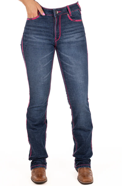 SR2241 Hitchley & Harrow Women's Ultra High Rise Hot Pink Stitch Jeans 35" Leg