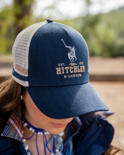 13191 Hitchley & Harrow Polo Horse Navy, Beige & Tan Trucker Cap