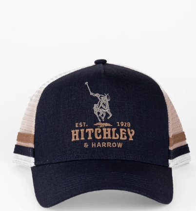 13191 Hitchley & Harrow Polo Horse Navy, Beige & Tan Trucker Cap