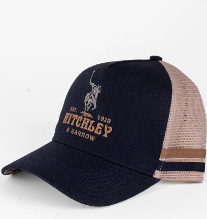 13191 Hitchley & Harrow Polo Horse Navy, Beige & Tan Trucker Cap