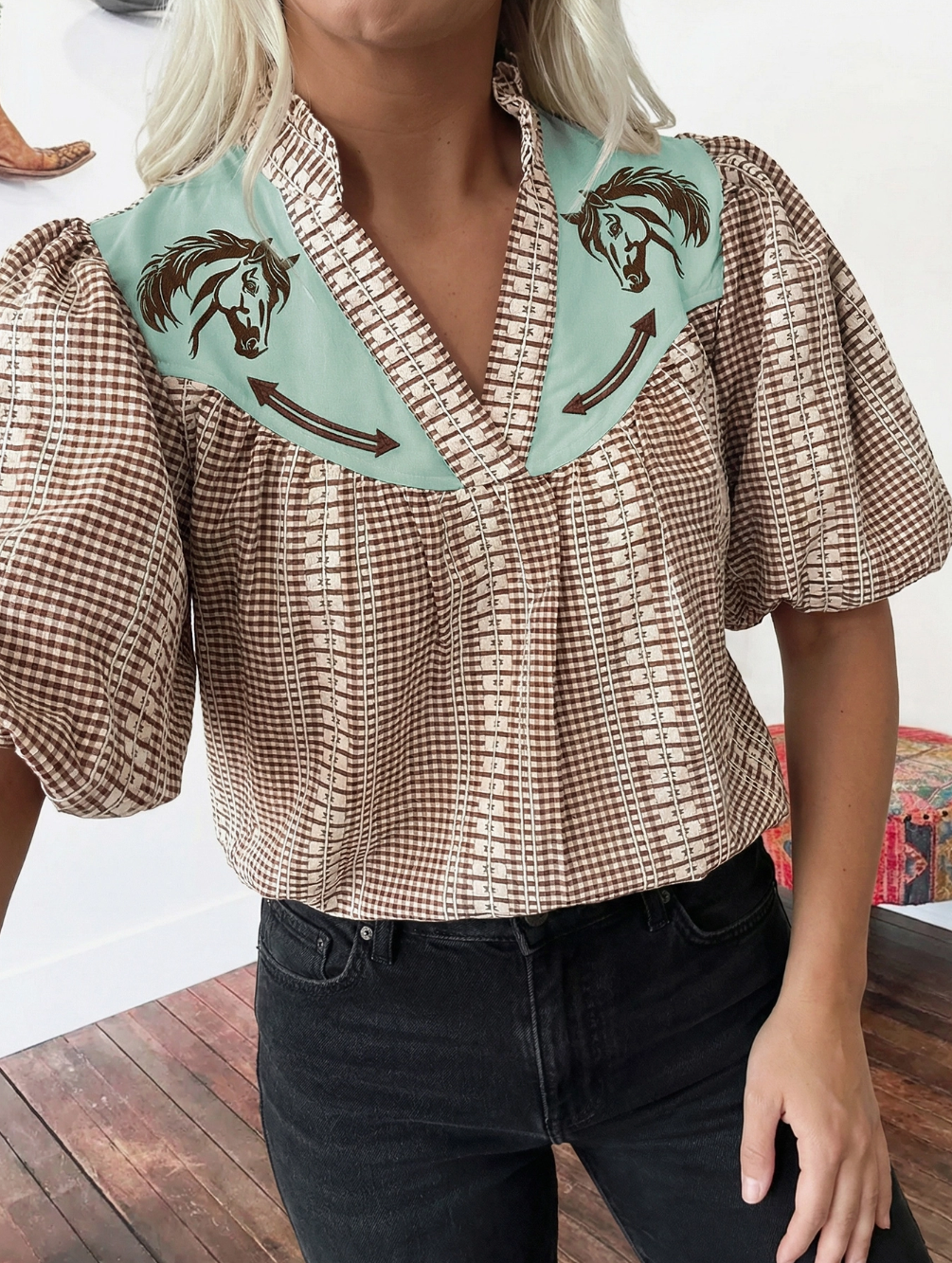FW25136729USA Western Women's Gingham Blouse