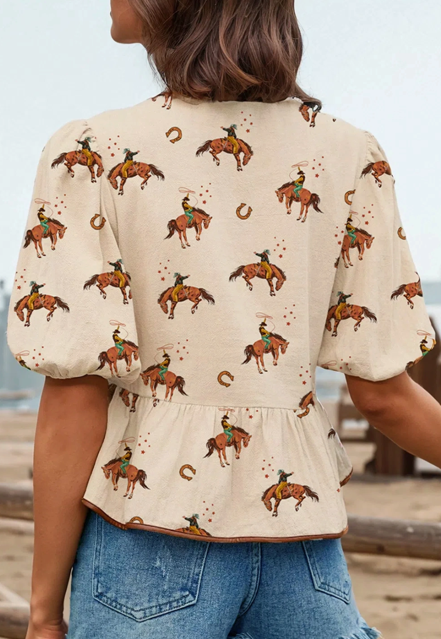 FW25132350 USA Western Women's Cowboy Bowknot Blouse