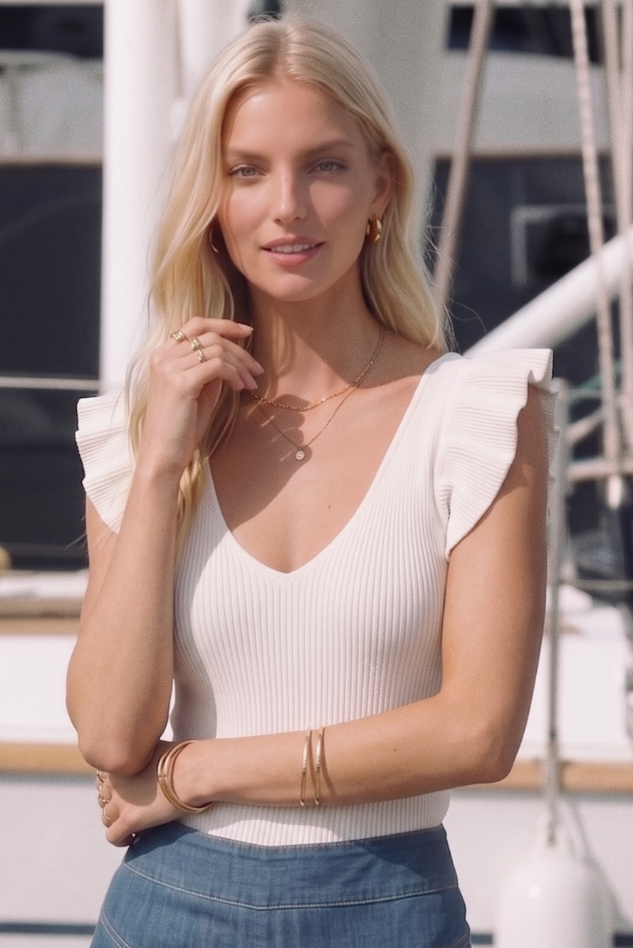 W1618TIA  Fine Knit ruffled sleeveless Top Ivory