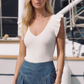 W1618TIA  Fine Knit ruffled sleeveless Top Ivory