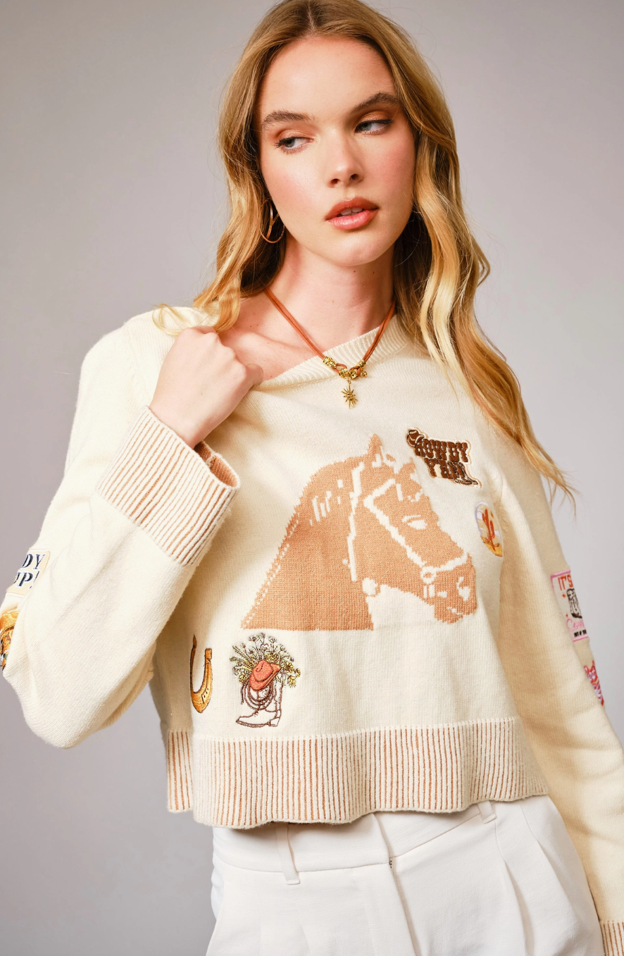 EC35356 Horse Graphic Western Patch sweater
