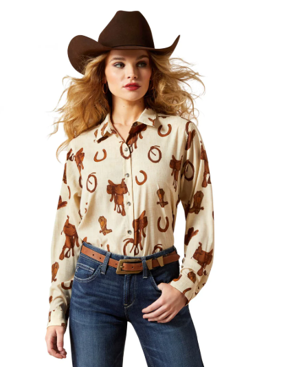 10065831 Ariat Women's Homestyle LS Shirt Rodeo Spur Print