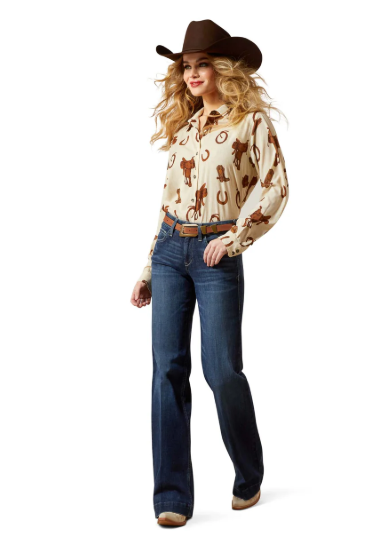 10065831 Ariat Women's Homestyle LS Shirt Rodeo Spur Print