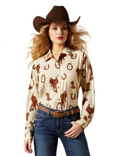 10065831 Ariat Women's Homestyle LS Shirt Rodeo Spur Print