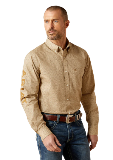 10065812 Ariat Men's Team Penn Fitted LS Shirt Khaki/Light Brown
