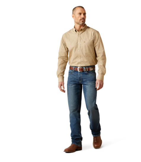 10065812 Ariat Men's Team Penn Fitted LS Shirt Khaki/Light Brown