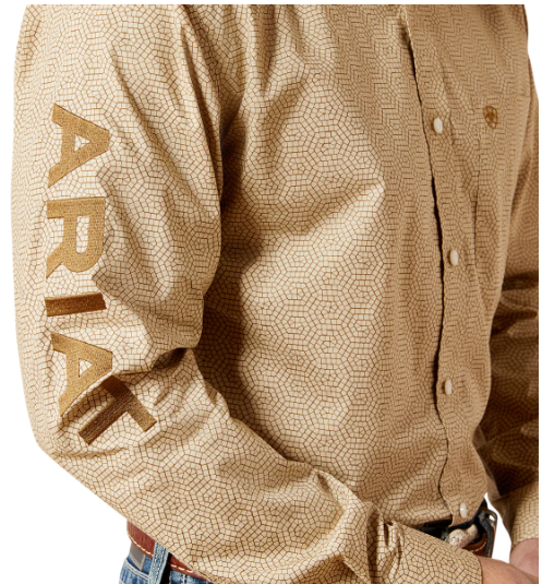 10065812 Ariat Men's Team Penn Fitted LS Shirt Khaki/Light Brown