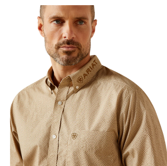10065812 Ariat Men's Team Penn Fitted LS Shirt Khaki/Light Brown