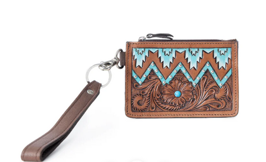 S-14535 Hand Hewn Western Card Holder Brown & Turquoise
