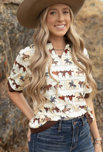 TO1227-WSTBR Saddle & Horse Women's Printed Collared Shirt