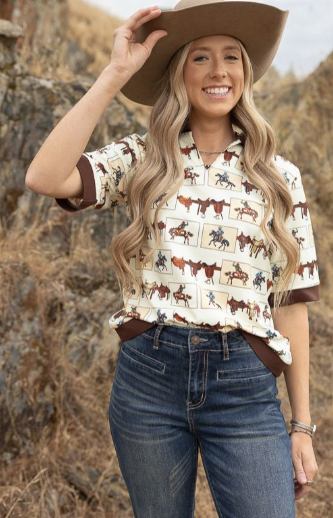 TO1227-WSTBR Saddle Horse Printed Collared Shirt