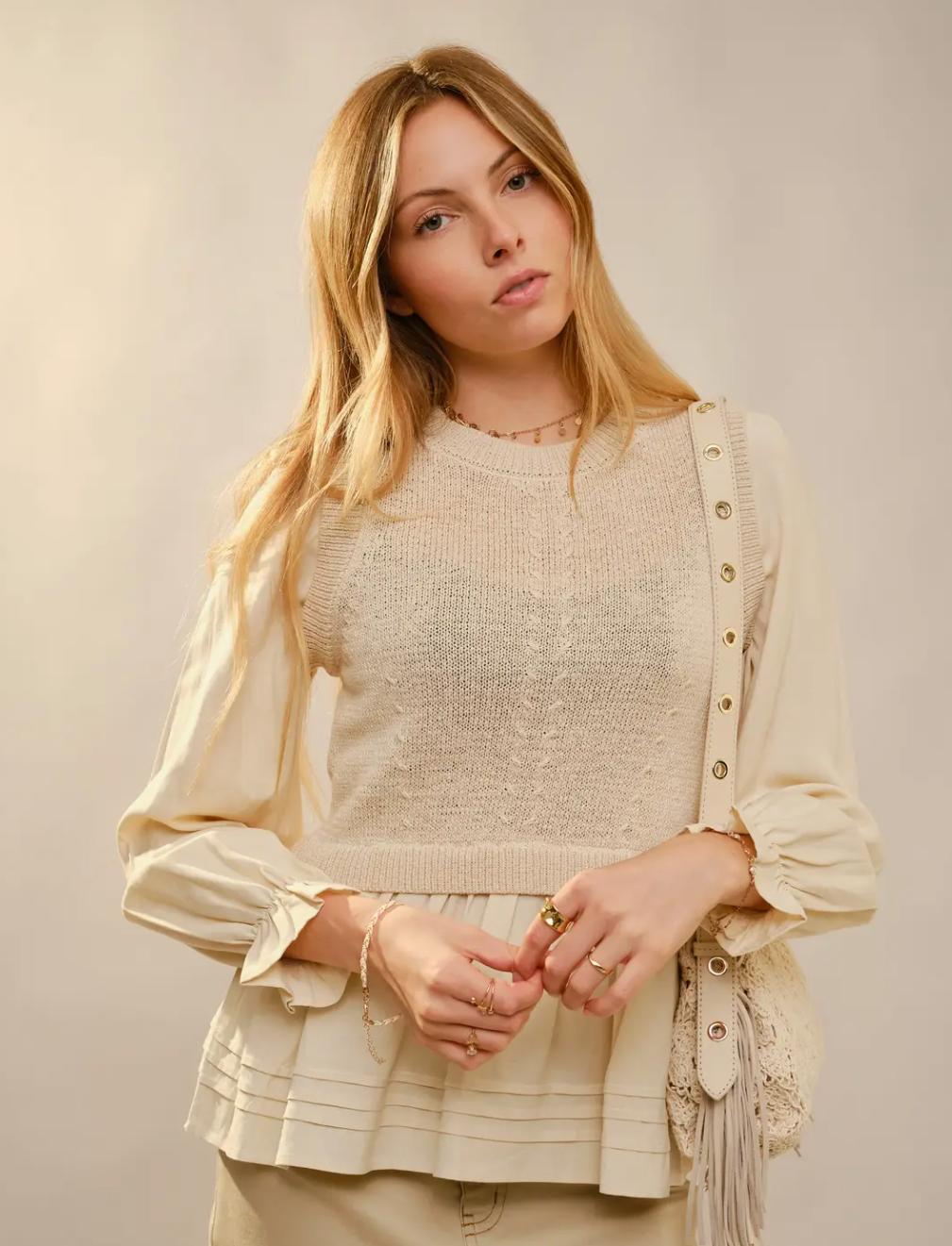 52137W Long Ruffle Women's Sleeve Knit Vest Peplum Top Beige