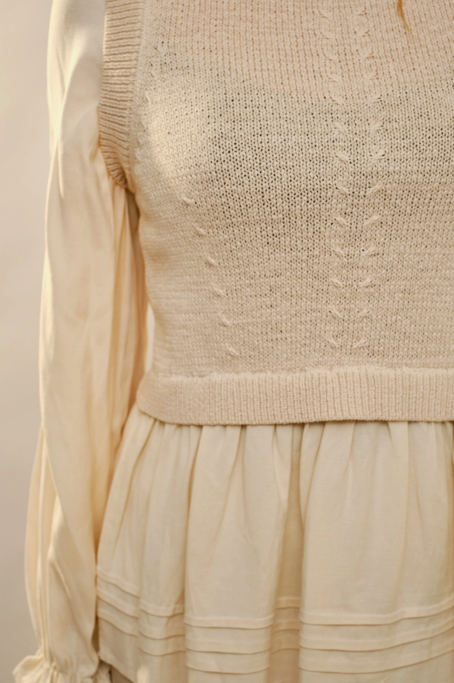 52137W Long Ruffle Women's Sleeve Knit Vest Peplum Top Beige