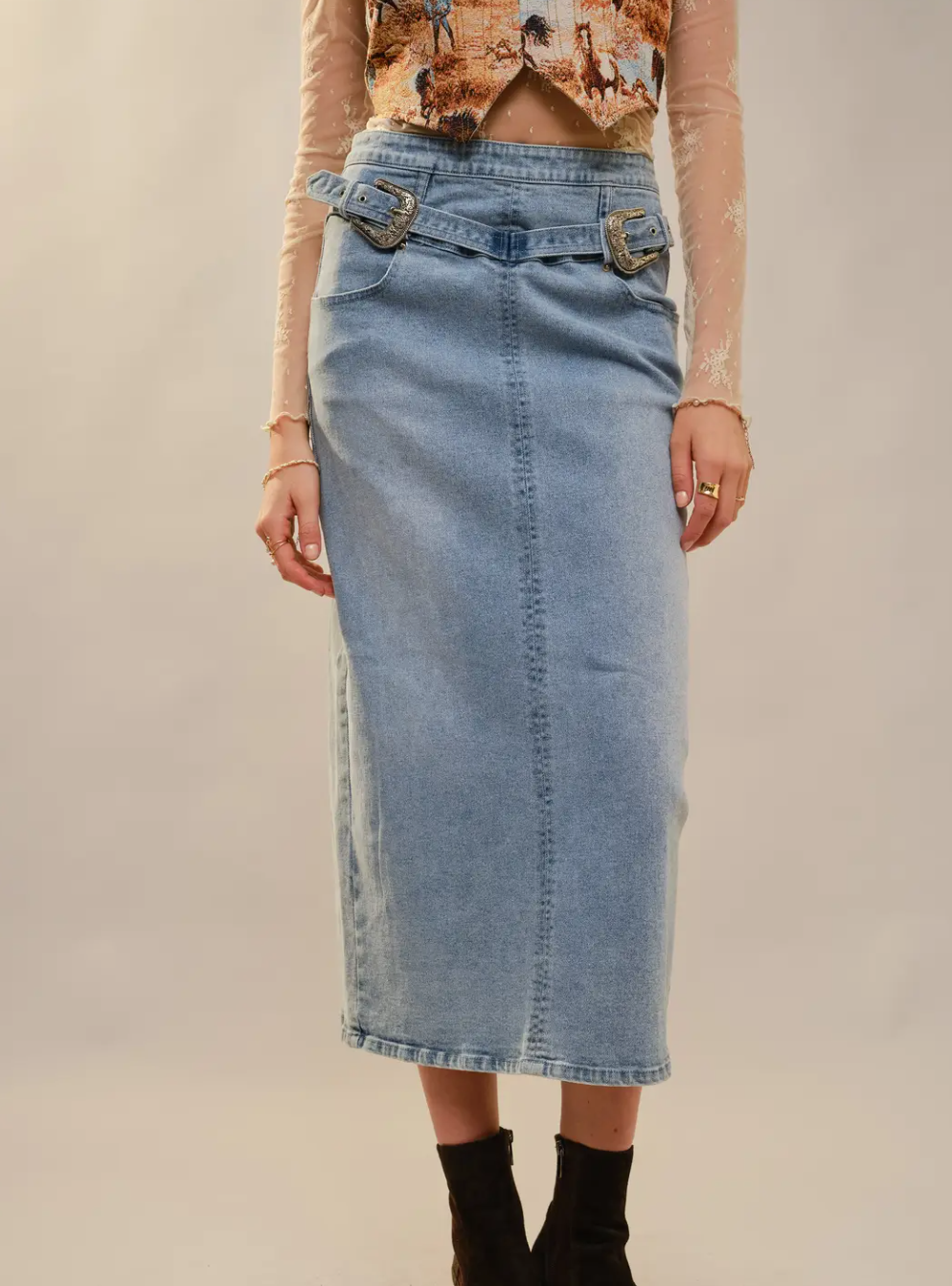 52156S Denim Women's Stretch Pencil Maxi Skirt Light Wash
