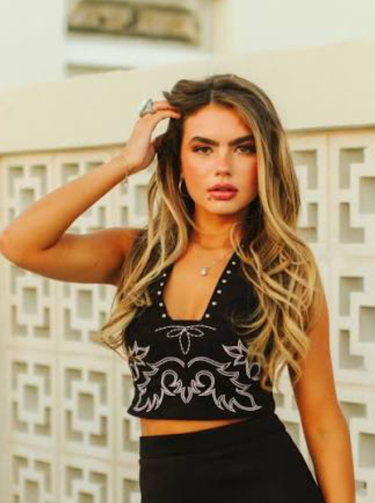 TOL1220-BLK Black Women's Boot Stitch Vintage Studded Halter Top