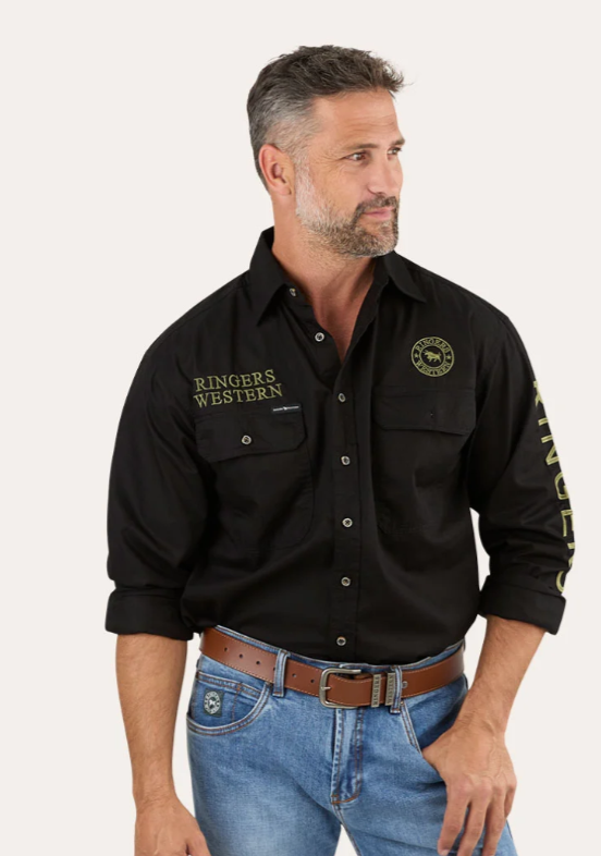 118110002-BLK/CMO Ringers Western Hawkeye Full Button Work Shirt Black & Camo