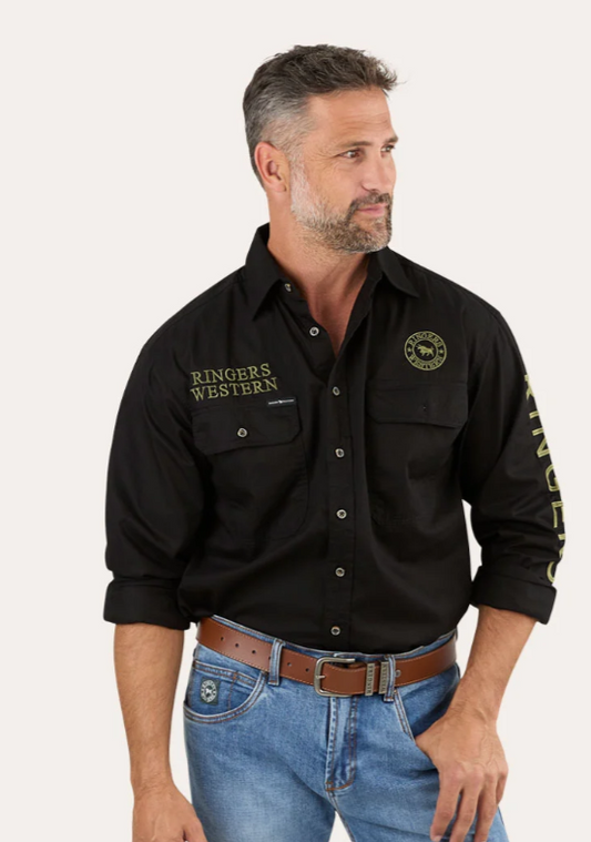 118110002-BLK/CMO Ringers Western Hawkeye Full Button Work Shirt Black & Camo
