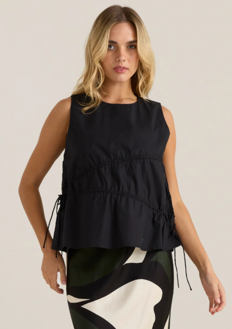 20251TWSS Elin Gathered Tie Top - Black