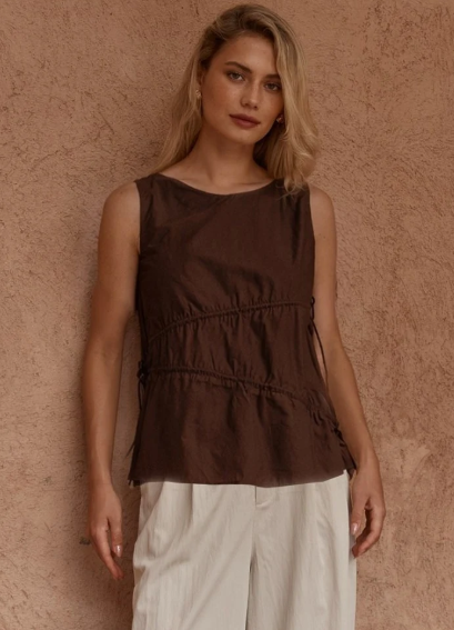20251TWSS Elin Gathered Tie Top - Chocolate