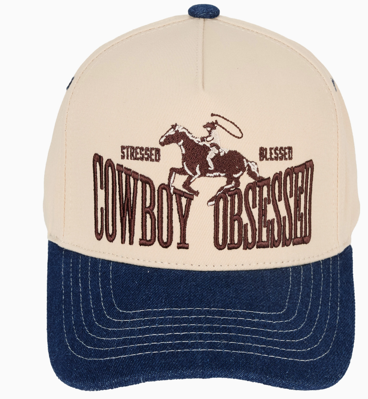 TCM0030DDENIM  Cowboy Obsessed Embroidered Trucker Cap
