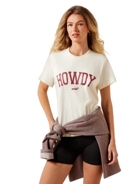 10079910 Ariat Women's Collegiate Howdy SS Tee Cream/Maroon
