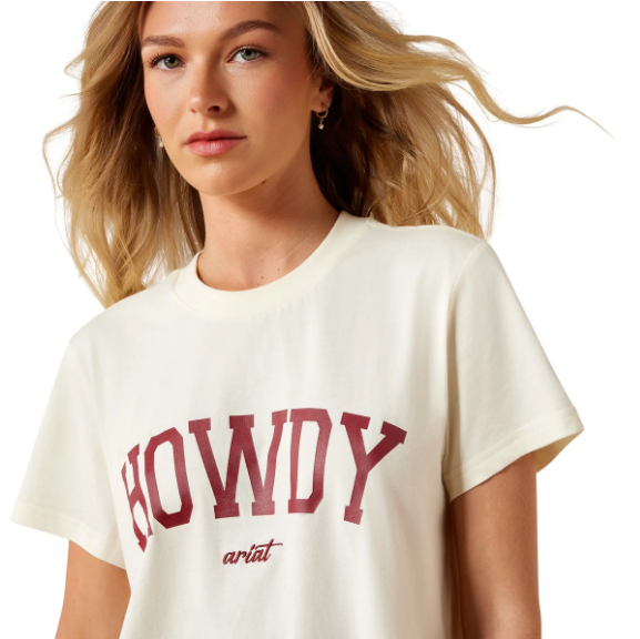 10079910 Ariat Women's Collegiate Howdy SS Tee Cream/Maroon