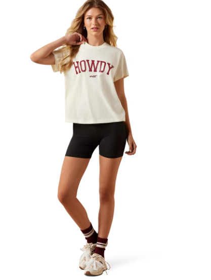 10079910 Ariat Women's Collegiate Howdy SS Tee Cream/Maroon