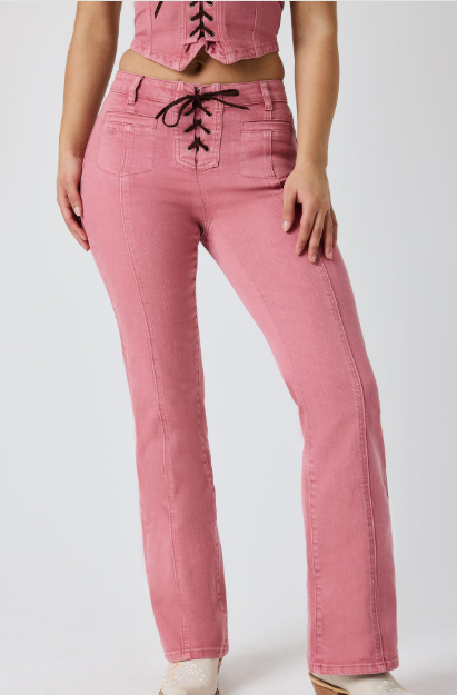 225160RW Ringers Western Women's Rodeo Rose Lace Up Mid Rise Jean Washed Pink
