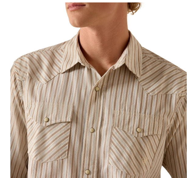 10071090 Ariat Men's Retro Hesper Fitted Snap Shirt Sandshell Stripe Shirt