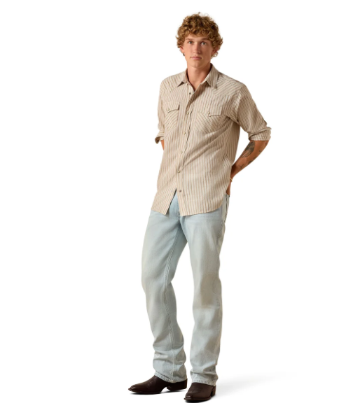10071090 Ariat Men's Retro Hesper Fitted Snap Shirt Sandshell Stripe Shirt