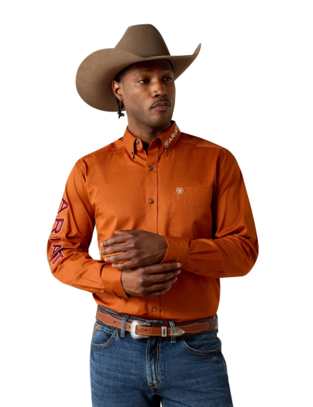 10071691 Ariat Men's Team Logo Twill Fitted Shirt Orange/Red