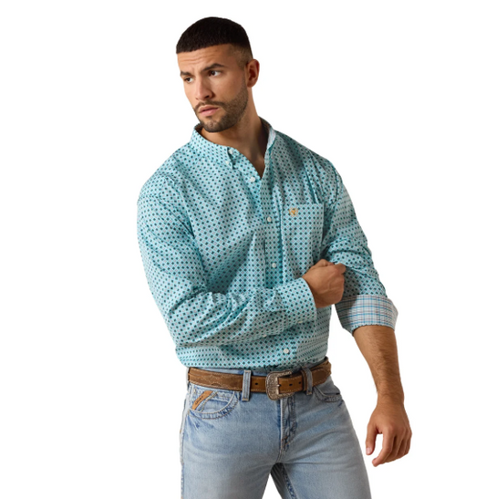 10071027 Ariat Men's Wrinkle Free Andy Classic Fit Shirt Angel Blue Geo Print