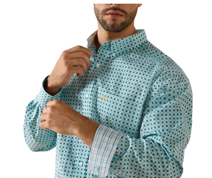 10071027 Ariat Men's Wrinkle Free Andy Classic Fit Shirt Angel Blue Geo Print
