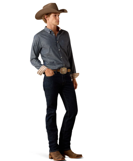10071267 Ariat Men's Wrinkle Free Soil Pinpoint Oxford Shirt Chambray Blue