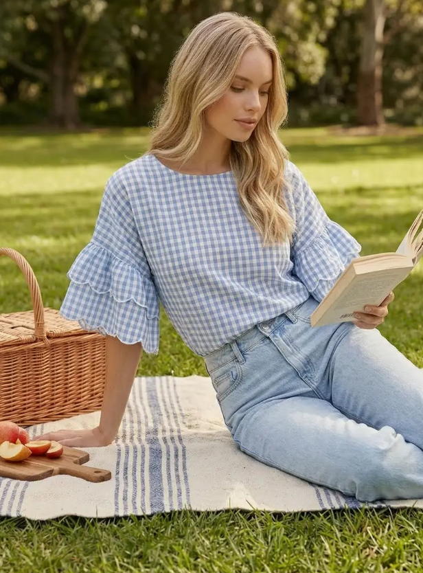 VT83548BLU  Charming Gingham Scalloped Cotton Blouse  Blue