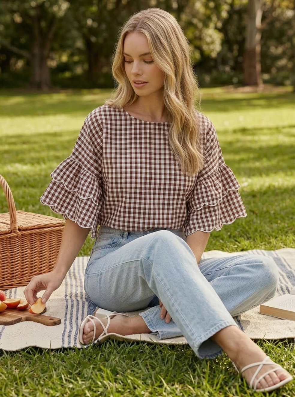 VT83548BRN  Charming Gingham Scalloped Cotton Blouse  Brown