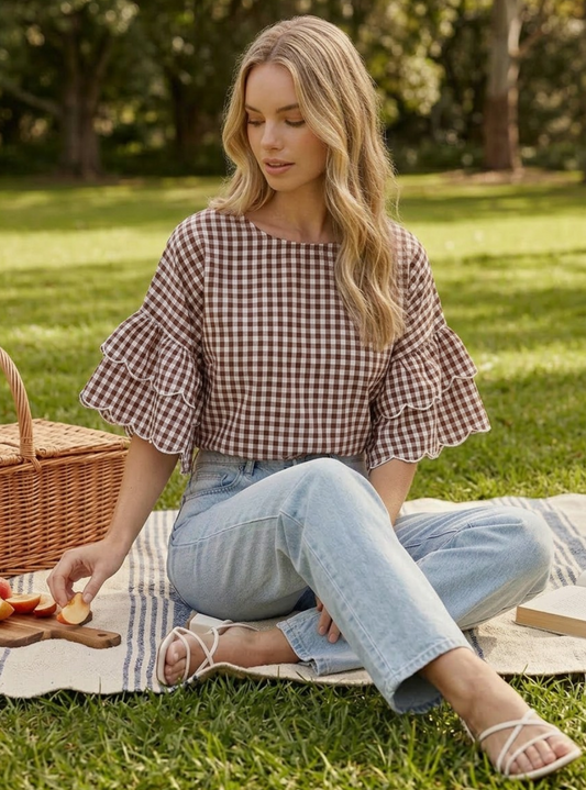VT83548BRN  Charming Gingham Scalloped Cotton Blouse  Brown