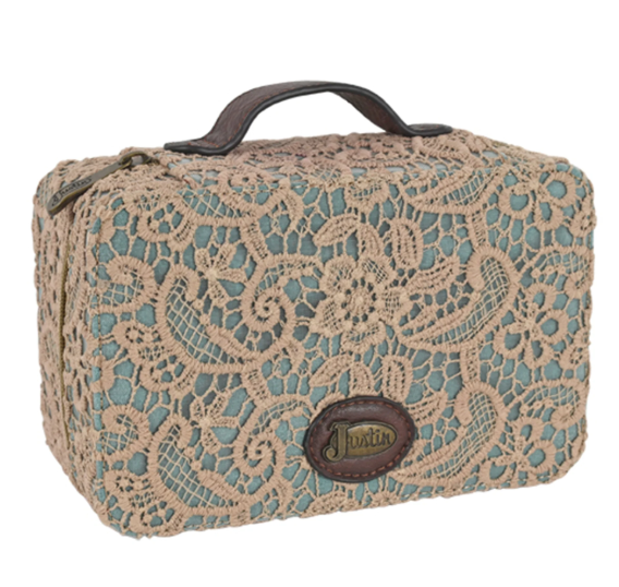 JA22114833LAC Justin Large Jewellery Case Turquoise With Lace Overlay