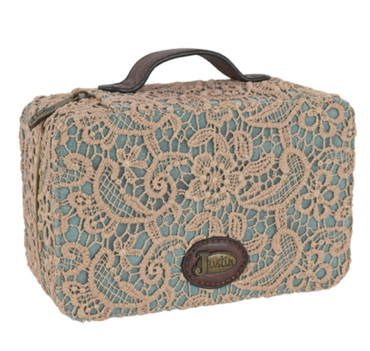 JA22114833LAC Justin Large Jewellery Case Turquoise With Lace Overlay