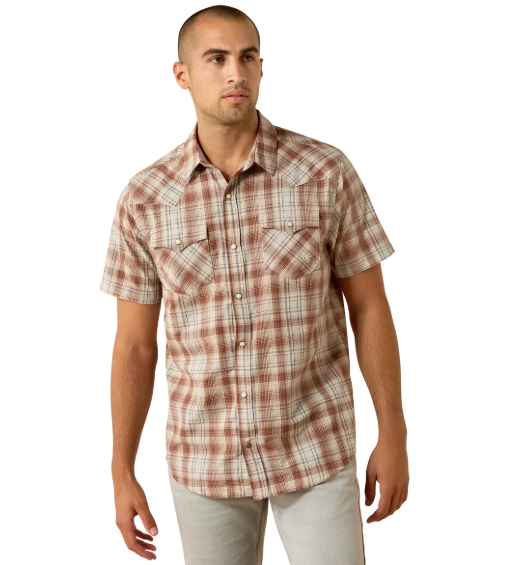 10071595 Ariat Men's Retro Hilliard Fitted Snap SS Light Brown Plaid