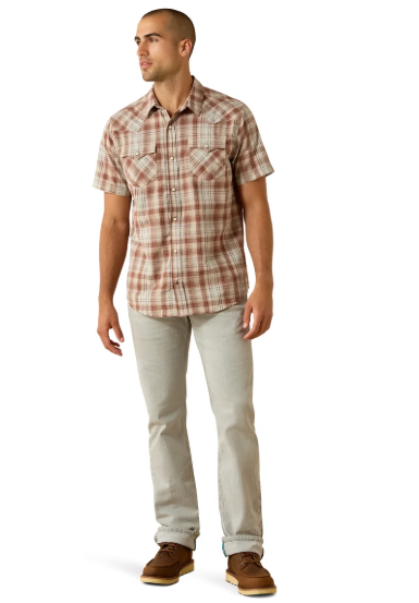 10071595 Ariat Men's Retro Hilliard Fitted Snap SS Light Brown Plaid