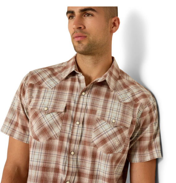 10071595 Ariat Men's Retro Hilliard Fitted Snap SS Light Brown Plaid