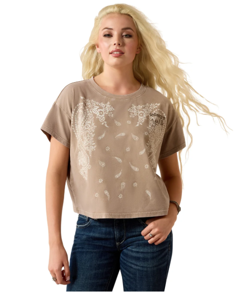 10071655 Ariat Women's Paisley Boxy Crop SS Tee Taupe Gray