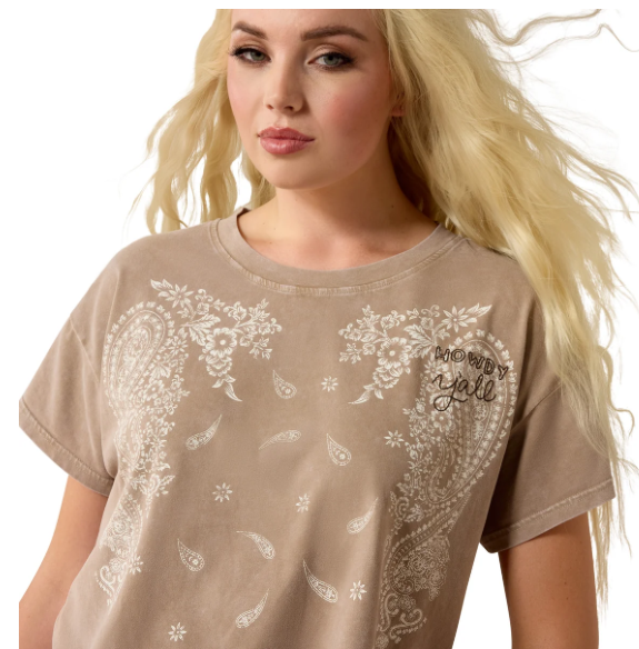 10071655 Ariat Women's Paisley Boxy Crop SS Tee Taupe Gray