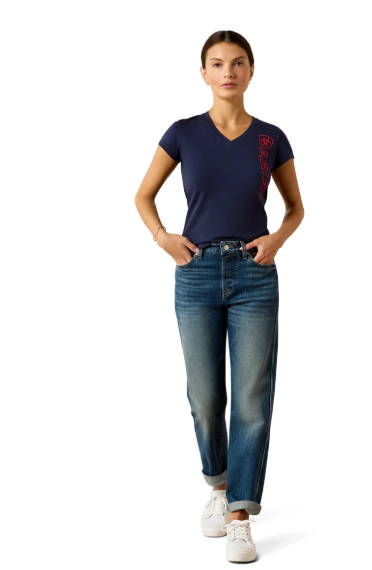 10071355 Ariat Women's Vertical Logo SS Tee Navy/Red