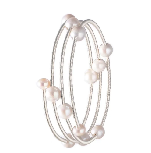 SILCPUFF2 Freshwater Pearl Stainless Steel Silver Cuff Bracelet Multi Pearl